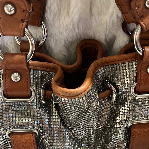 Y2K Slouchy Disco Silver & Brown Leather Mob Wife Mesh Drawstring Shoulder bag - Picture 3 of 4